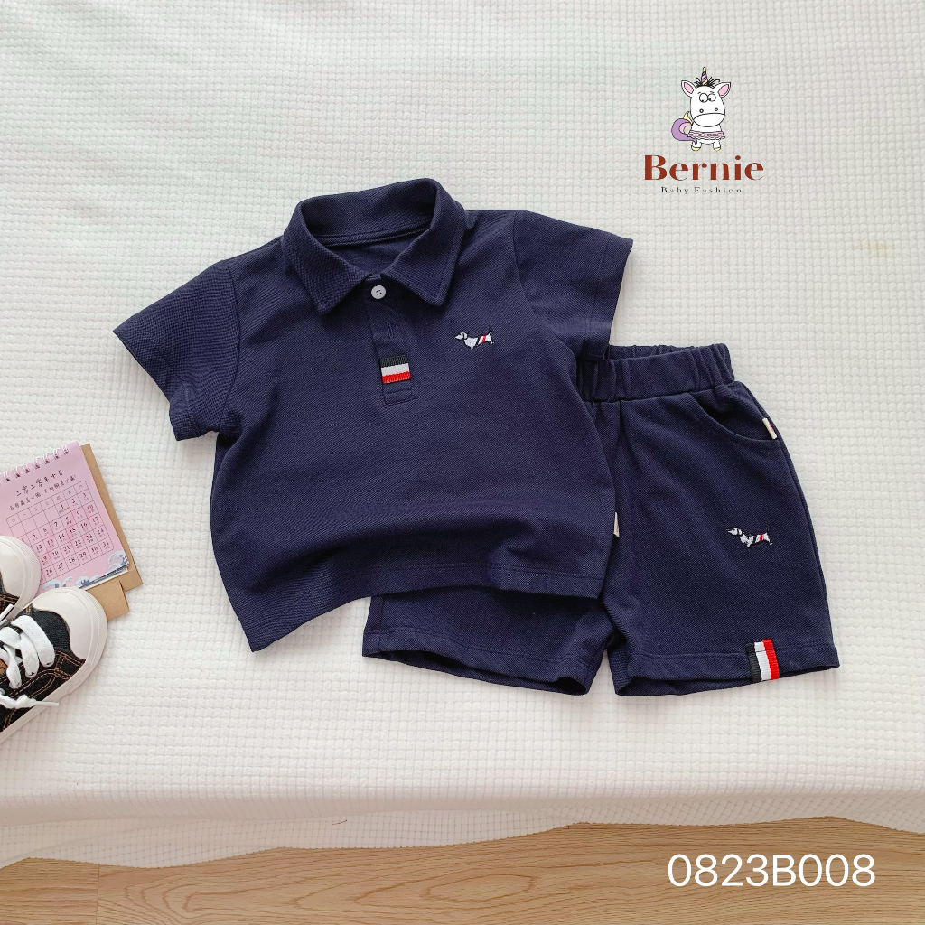Bộ polo cộc tay thêu hoạ tiết cho bé trai, bộ cotton polo cổ đức cho bé Bernie