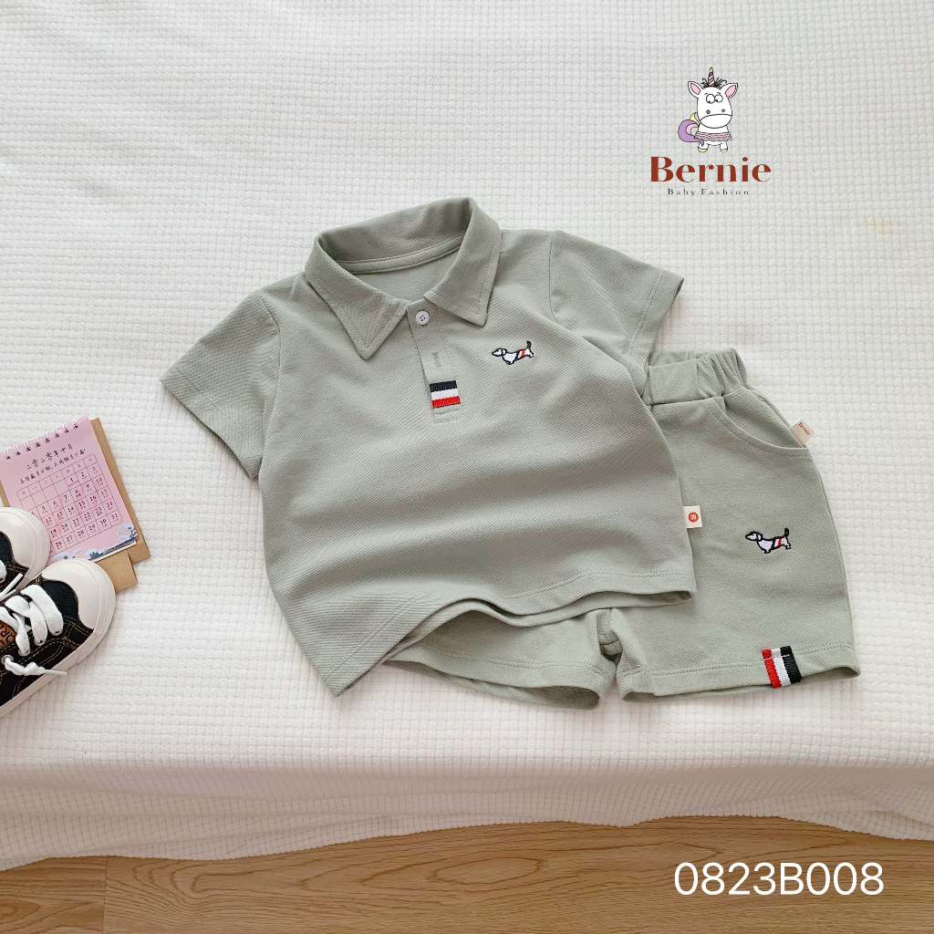 Bộ polo cộc tay thêu hoạ tiết cho bé trai, bộ cotton polo cổ đức cho bé Bernie