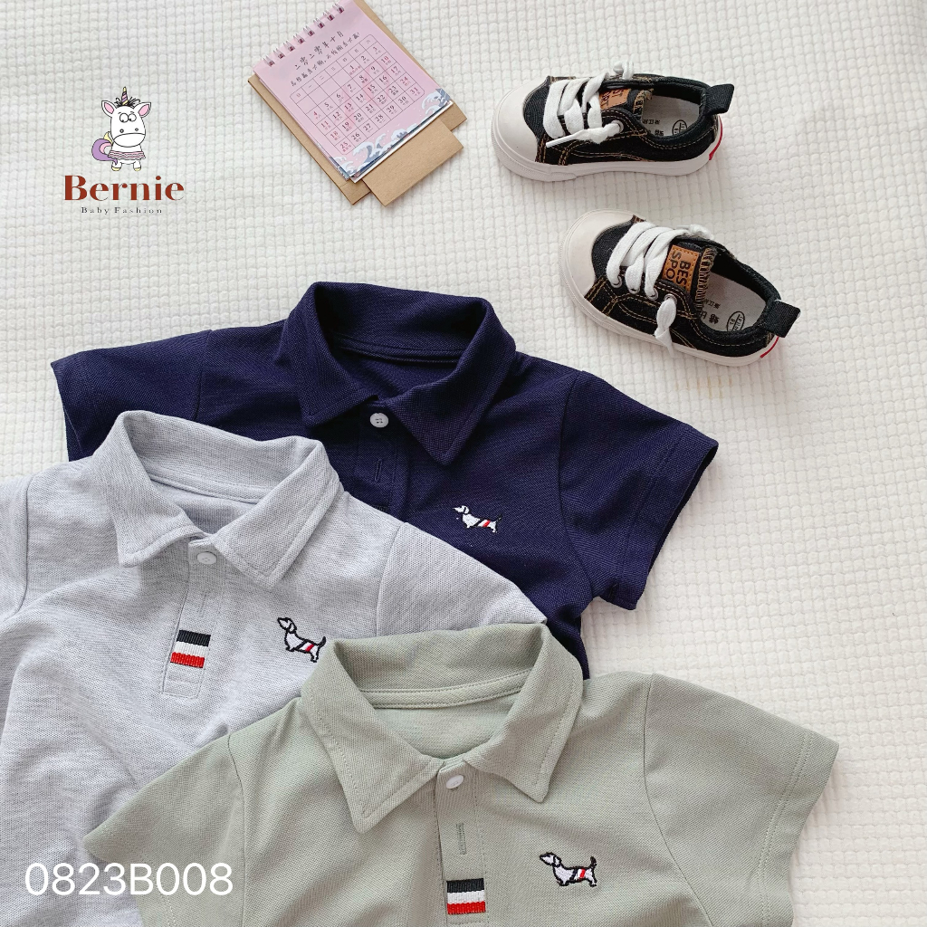 Bộ polo cộc tay thêu hoạ tiết cho bé trai, bộ cotton polo cổ đức cho bé Bernie