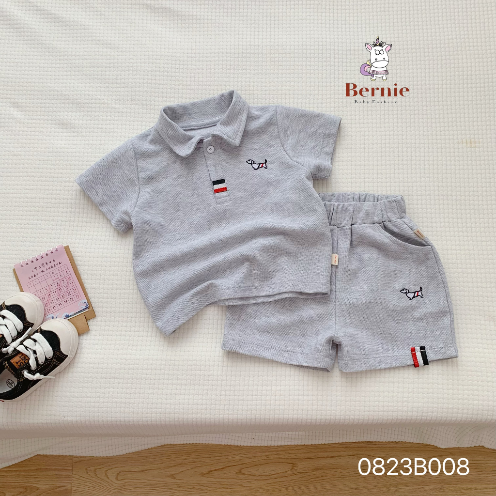 Bộ polo cộc tay thêu hoạ tiết cho bé trai, bộ cotton polo cổ đức cho bé Bernie