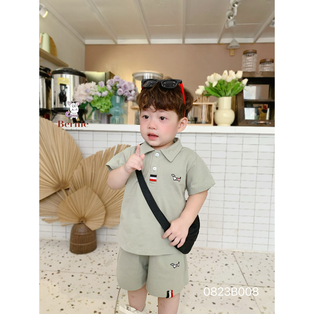 Bộ polo cộc tay thêu hoạ tiết cho bé trai, bộ cotton polo cổ đức cho bé Bernie