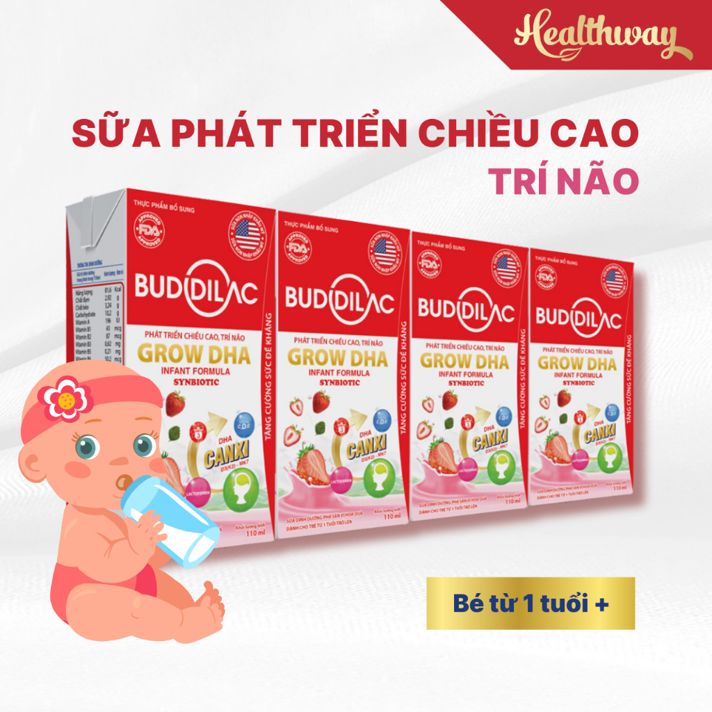 ( Quà Cho Bé ) Thùng 48 hộp sữa pha sẵn Buddilac Grow DHA hỗ trợ tăng chiều cao, trí não, tăng sức đề khángB