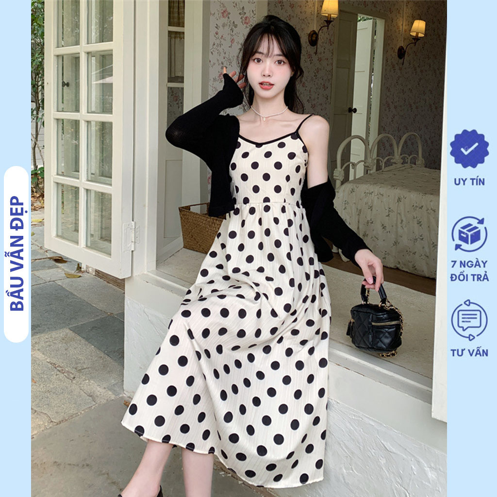 Set Đầm Váy Tiểu Thư 2 Dây Kèm Áo Khoác Mỏng Điệu Đà - Đầm Bầu Công Sở, Dự Tiệc Thu Đông Chấm Bi Xinh Feesize