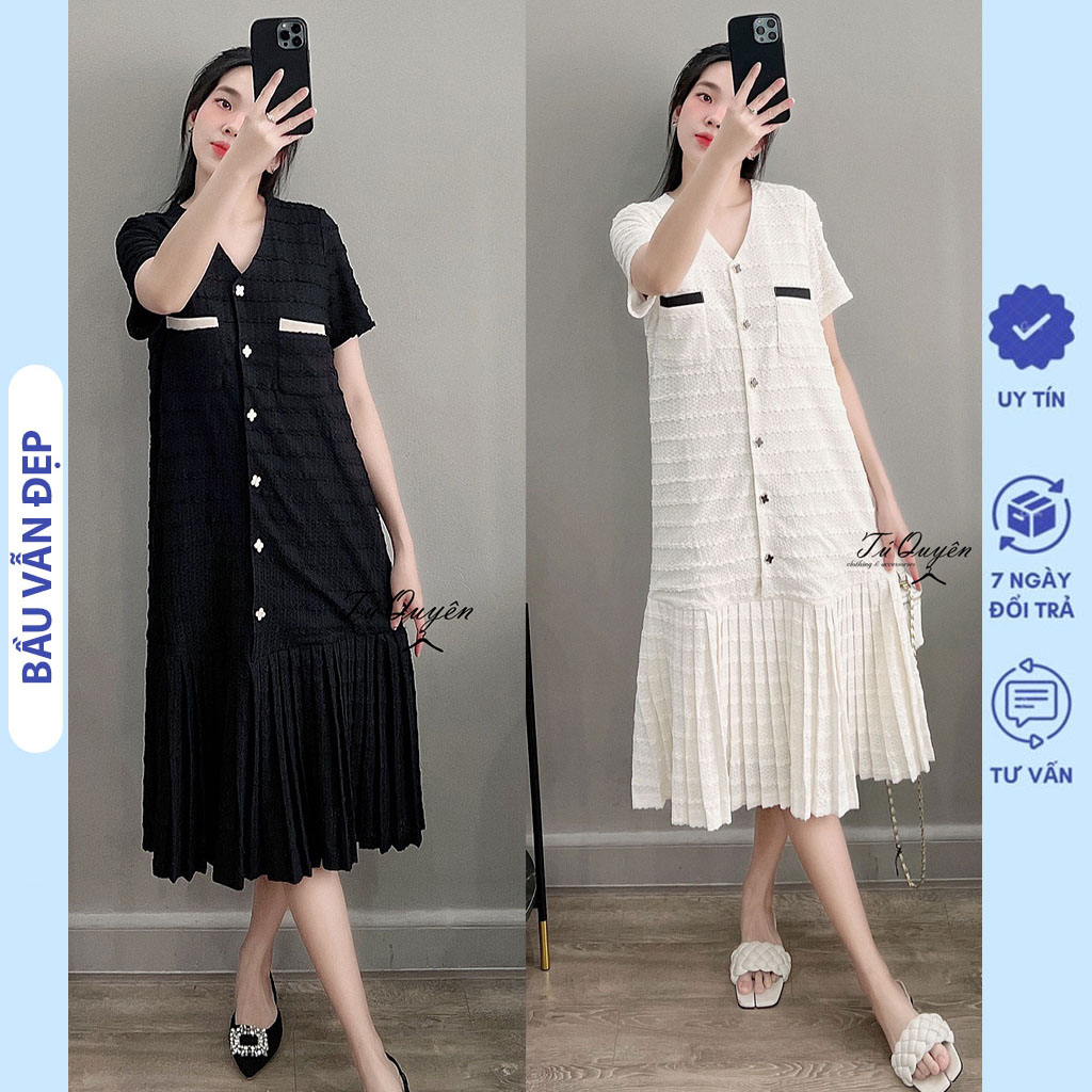 ĐẦM VÁY BẦU TIỂU THƯ CỔ V DÁNG SUÔNG DÀI ĐUÔI CÁ XẾP LY ĐIỆU ĐÀ - ĐẦM BẦU CÔNG SỞ DỰ TIỆC MÙA HÈ FREESIZE