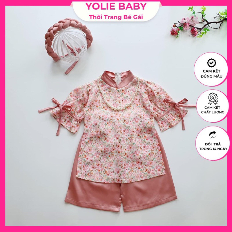 Áo dài voan Pháp hoa nhí hồng,quần lụa satin kèm mấn Tết Mẹ và Bé gái 4-64kg