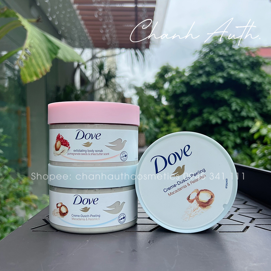 Tẩy da chết body Dove macca, lựu đỏ giúp da mịn màng bản Đức 225ml Chanh Auth Cosmetics