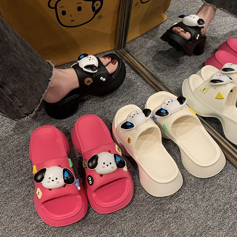 Dép Nữ Đế Dày Mũi Vuông Gắn Sticker CÚN - TĂNG 1 SIZE