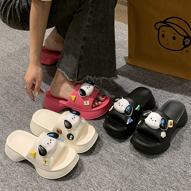 Dép Nữ Đế Dày Mũi Vuông Gắn Sticker CÚN - TĂNG 1 SIZE