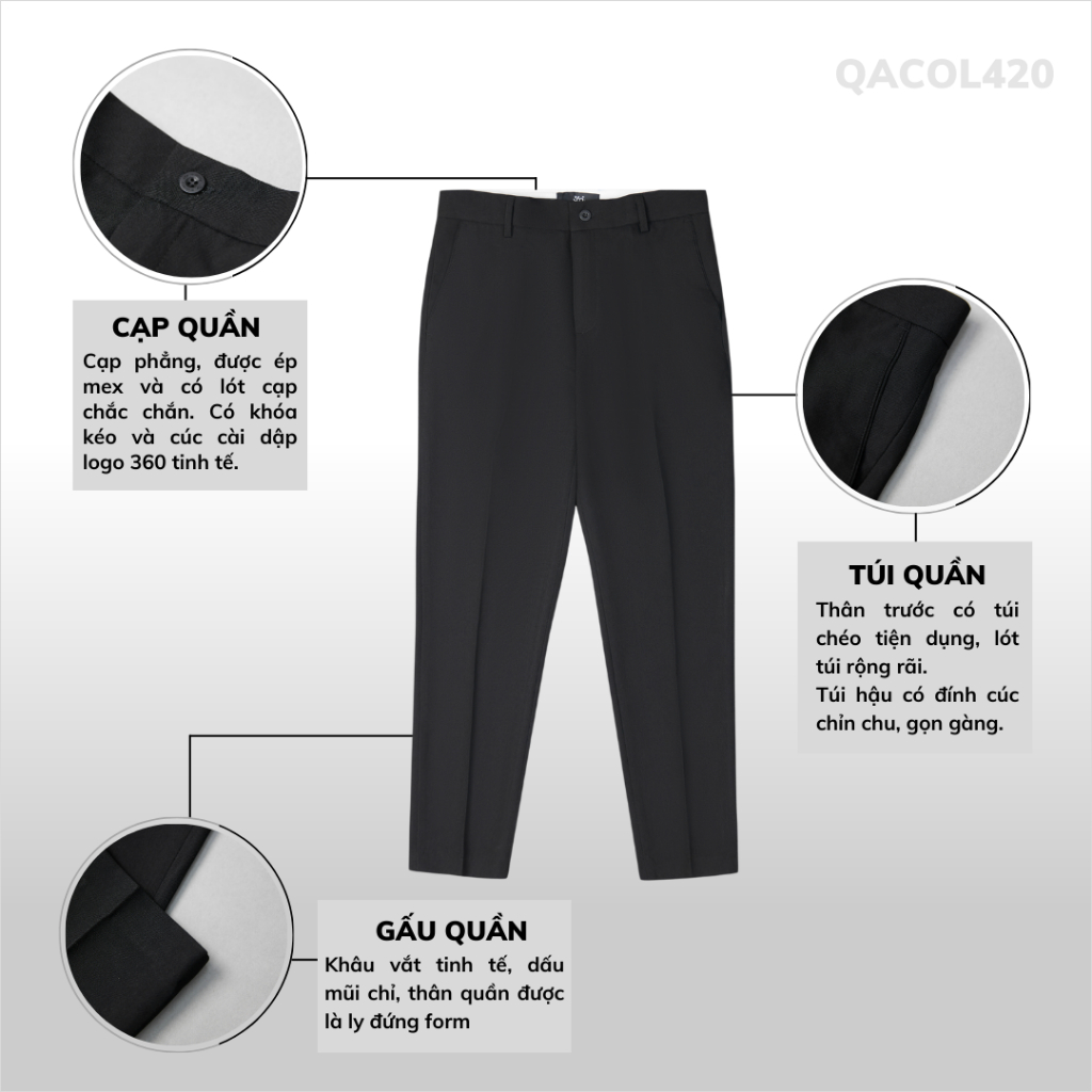 Quần âu nam 360Boutique quần tây vải dáng ngắn cạp 5 cm cúc cài tặng kèm combo 2 đôi tất cao cấp
