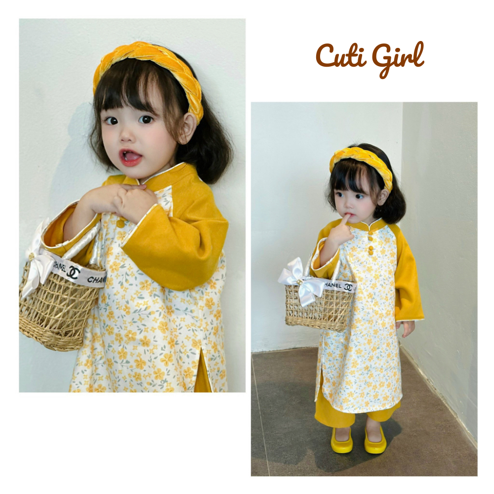 Áo dài mẹ và bé gái họa tiết hoa nhí phối tay vàng, Áo dài cách tân cổ tàu chất liệu nhung tăm cho bé 10-26kg