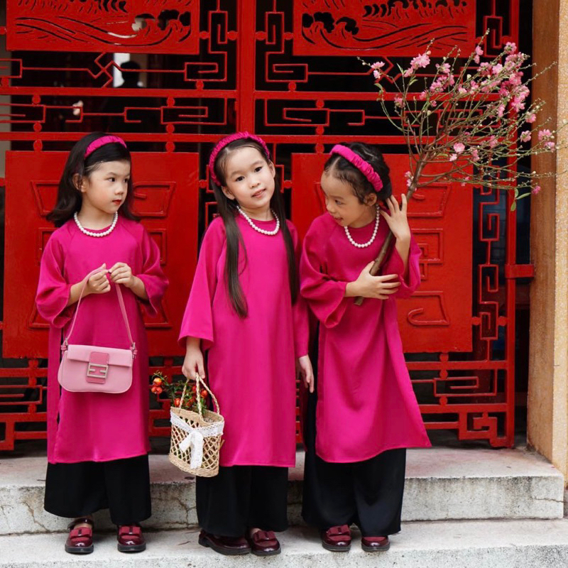 Áo Dài Mẹ và Bé Chất Liệu Lụa Hồng Sen Cao Cấp, Áo Dài Cách Tân Cho Bé Gái Tặng Kèm Bờm Cho Bé Mặc Tết, Trung Thu