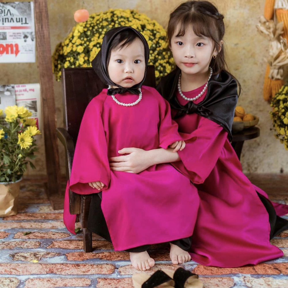 Áo Dài Mẹ và Bé Chất Liệu Lụa Hồng Sen Cao Cấp, Áo Dài Cách Tân Cho Bé Gái Tặng Kèm Bờm Cho Bé Mặc Tết, Trung Thu