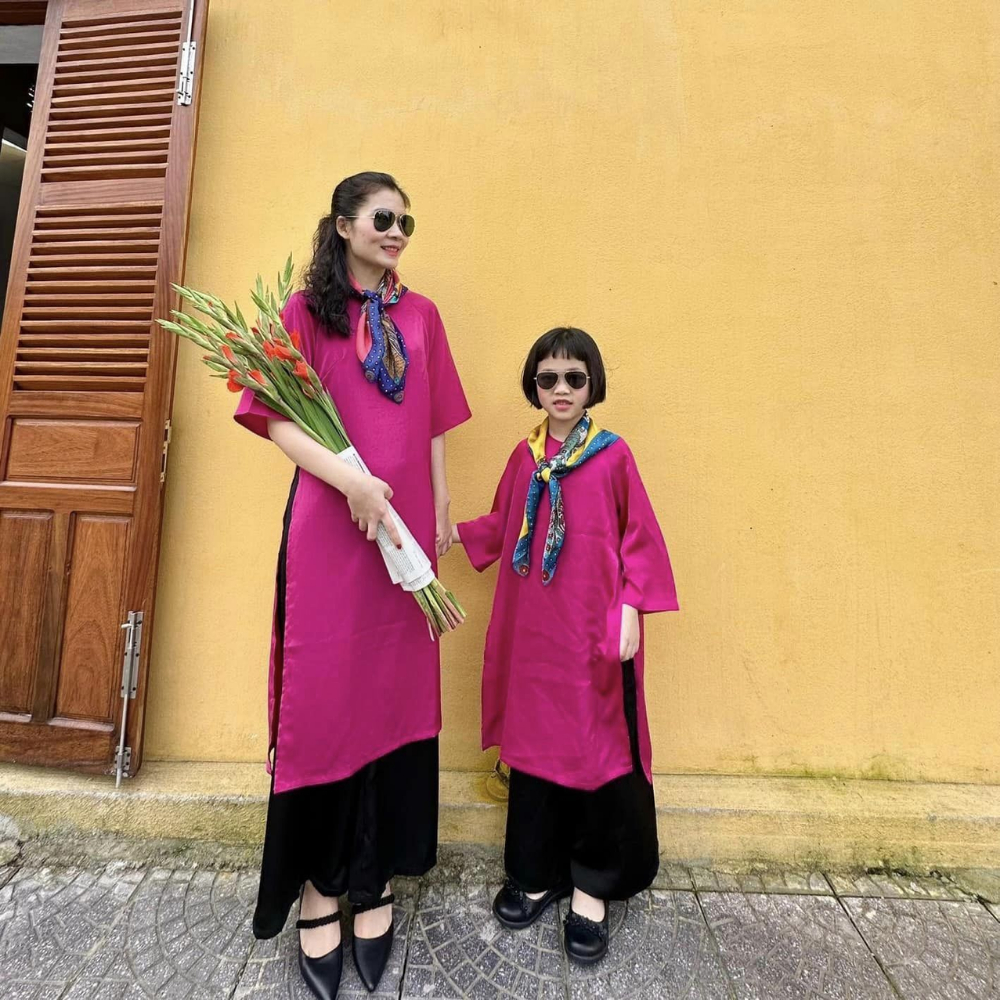 Áo Dài Mẹ và Bé Chất Liệu Lụa Hồng Sen Cao Cấp, Áo Dài Cách Tân Cho Bé Gái Tặng Kèm Bờm Cho Bé Mặc Tết, Trung Thu