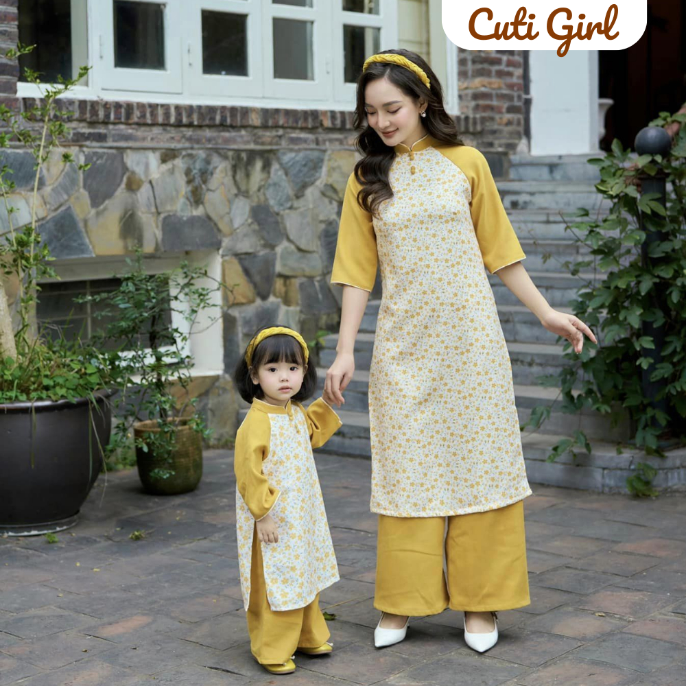 Áo dài mẹ và bé gái họa tiết hoa nhí phối tay vàng, Áo dài cách tân cổ tàu chất liệu nhung tăm cho bé 10-26kg