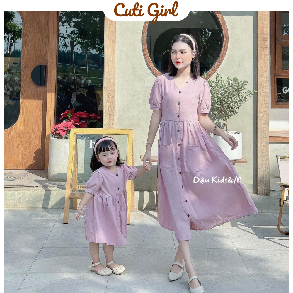 Váy Hồng Khoai Môn Linen Mẹ Và Bé Gái 8-25kg Merry, Đầm Đôi Thiết Kế BaByDoll Cho Mẹ Con Đi Chơi, Chụp Đồ Đôi