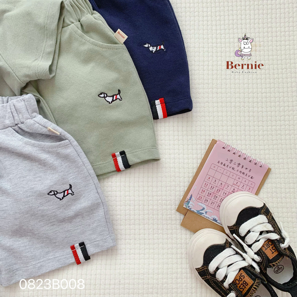 Bộ polo cộc tay thêu hình chó Dachshund Bernie cho bé trai bé gái, bộ cổ đức