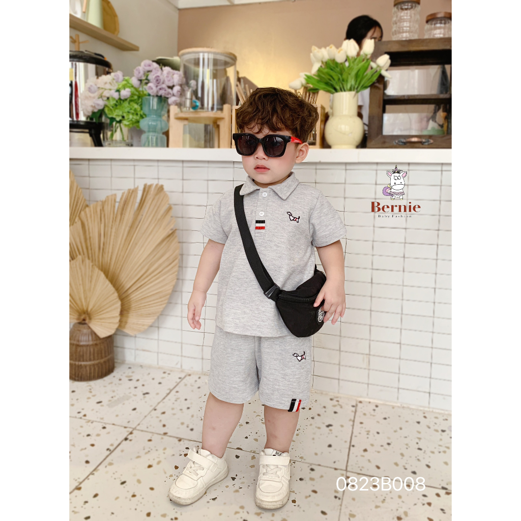 Bộ polo cộc tay thêu hình chó Dachshund Bernie cho bé trai bé gái, bộ cổ đức