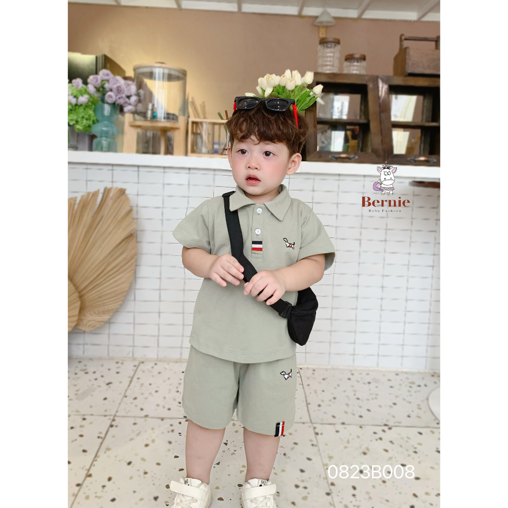 Bộ polo cộc tay thêu hình chó Dachshund Bernie cho bé trai bé gái, bộ cổ đức