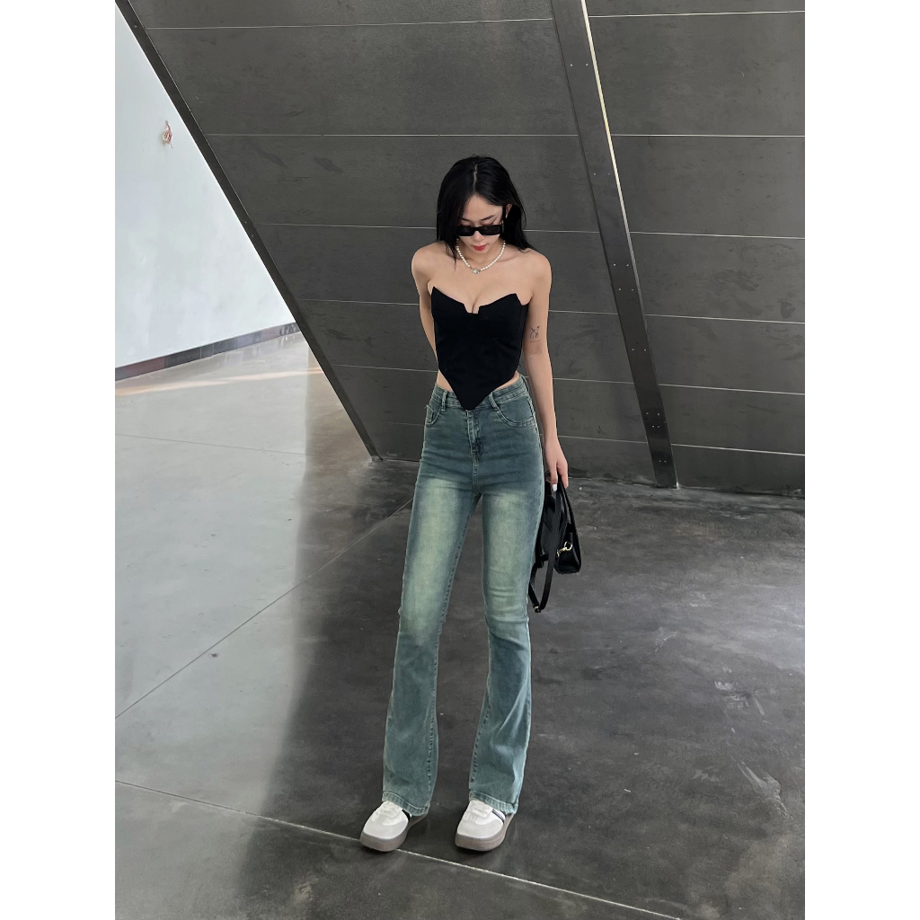Quần jean loe lưng cao màu mài ánh rêu - 247store.vn - Loereumaygau883_P5K2