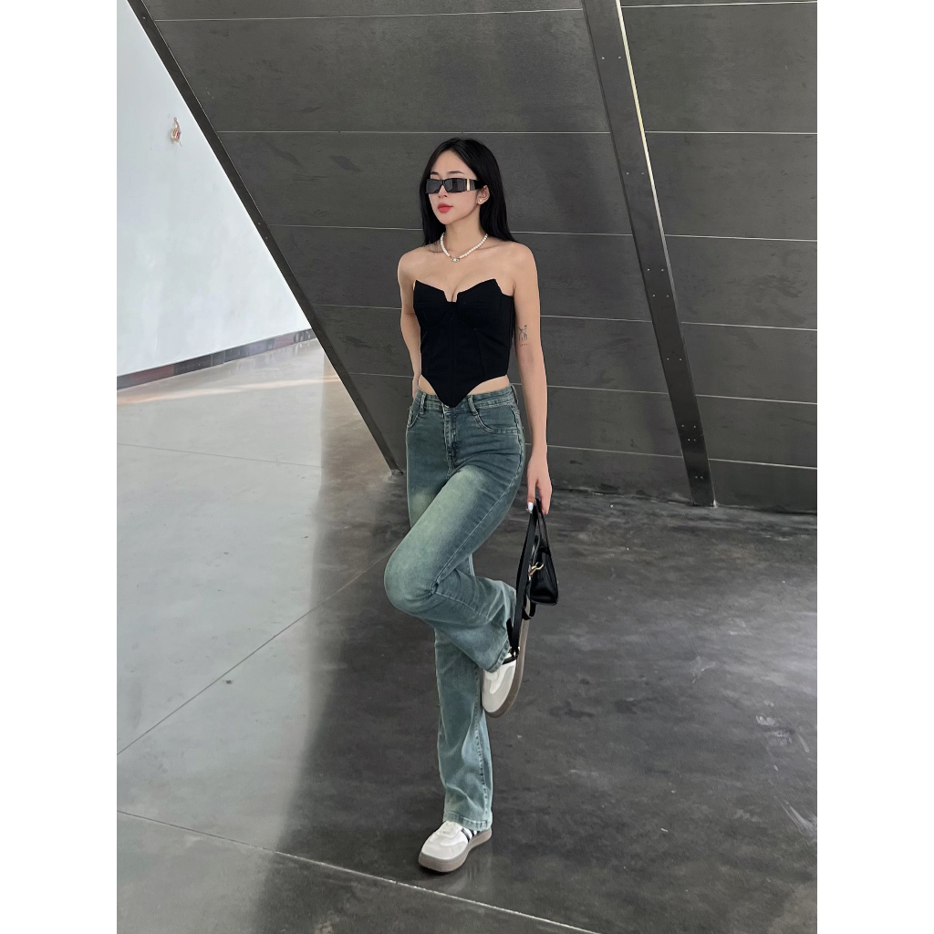 Quần jean loe lưng cao màu mài ánh rêu - 247store.vn - Loereumaygau883_P5K2