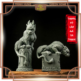 Tượng sa thạch Kỳ Lân ngồi trụ đá - trưng bày, trang trí tiểu cảnh, bán cạn, terrarium