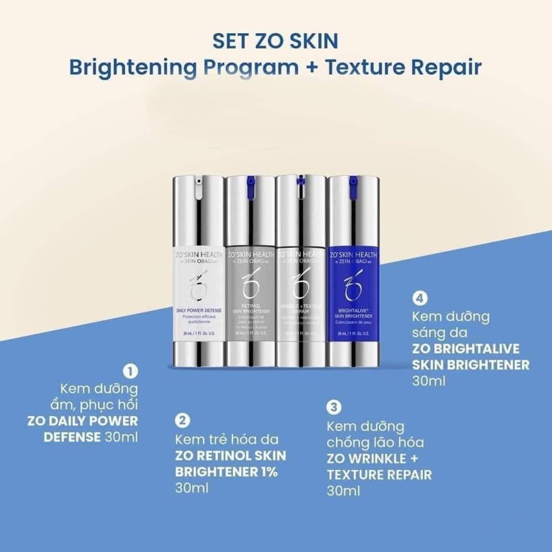 Bộ sản phẩm mờ nám, sáng da ZO Skin Brightening Program + Texture Repair 30ml