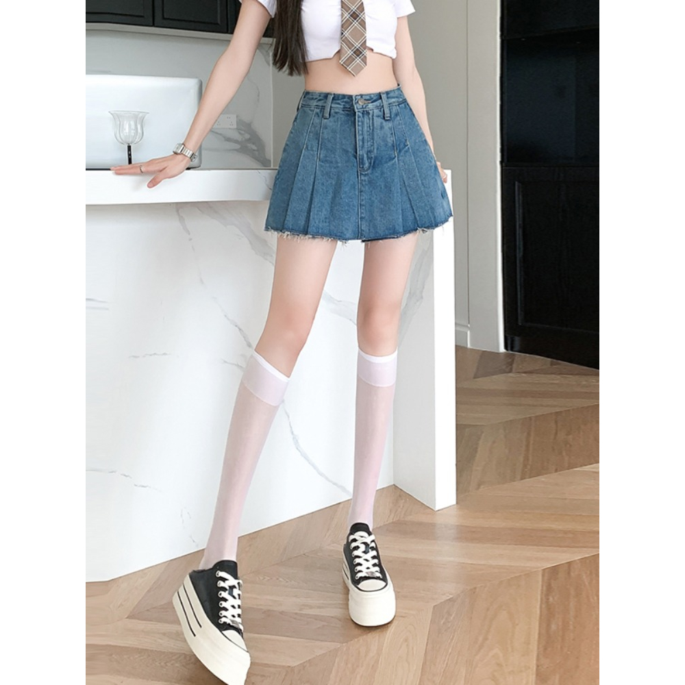 Chân váy nữ, chân váy jeans nữ hàn quốc xếp ly màu xanh size S M L SKUCV-44B1