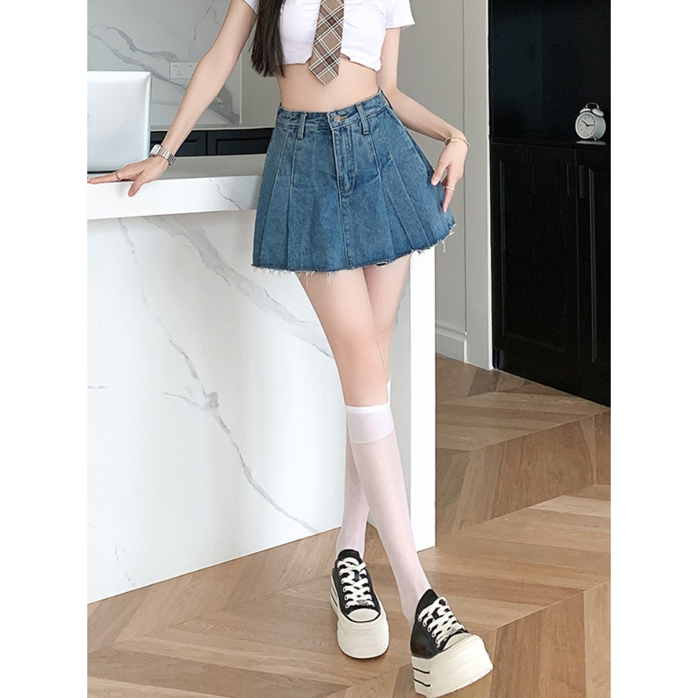 Chân váy nữ, chân váy jeans nữ hàn quốc xếp ly màu xanh size S M L SKUCV-44B1