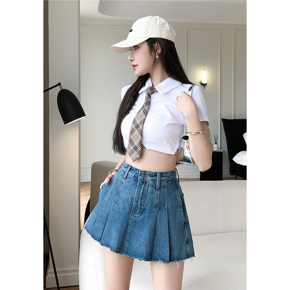 Chân váy nữ, chân váy jeans nữ hàn quốc xếp ly màu xanh size S M L SKUCV-44B1