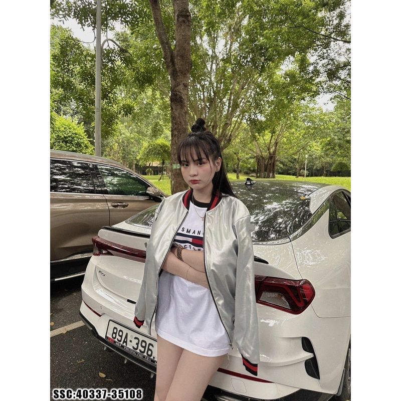 Áo khoác da bomber jacket nam nữ GC màu bạc bạch kim bo ống chun sọc xanh đỏ 2 lớp cao cấp AK37P