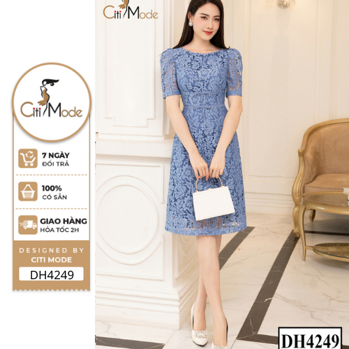 Đầm công sở CITI MODE FASHION thiết kế dáng A ren xanh cổ thuyền eo cách điệu DH4249