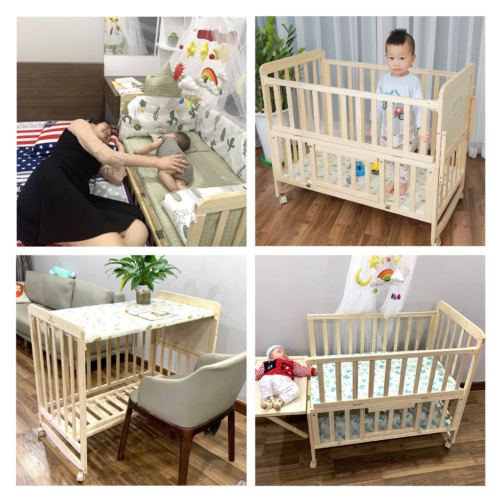 Cũi gỗ thông minh 2 tầng GENMAMA , nôi giường đa năng 6 chế độ kích thước 105*60*90 cm