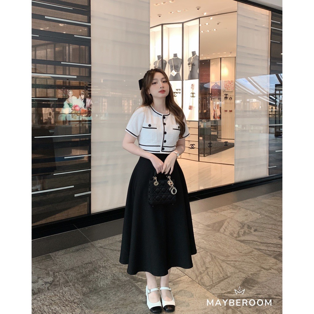 Set áo dạ tweed trắng mix chân váy midi đen dài xoè siêu xinh