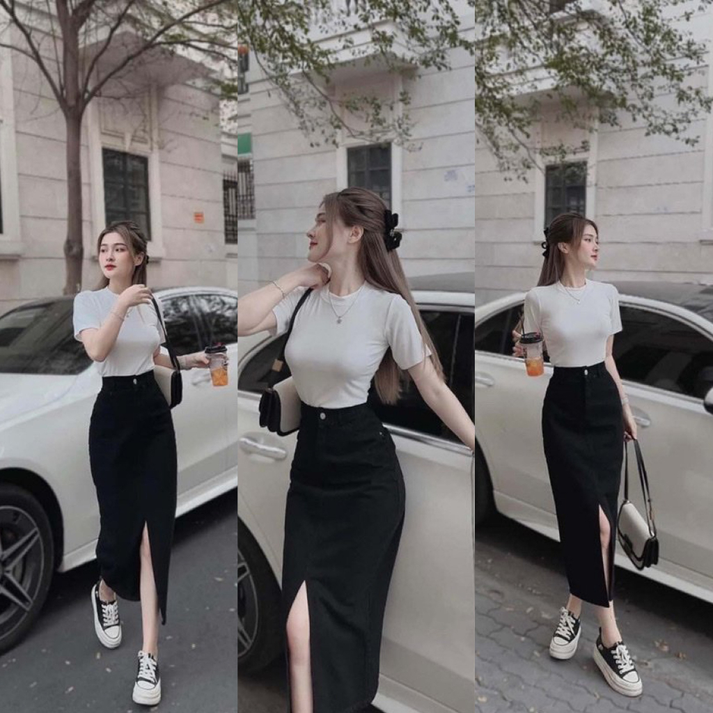 Set chân váy kaki xẻ tà kèm áo thun gân tay ngắn cổ tròn dễ thương cho nàng đi chơi và dạo phố