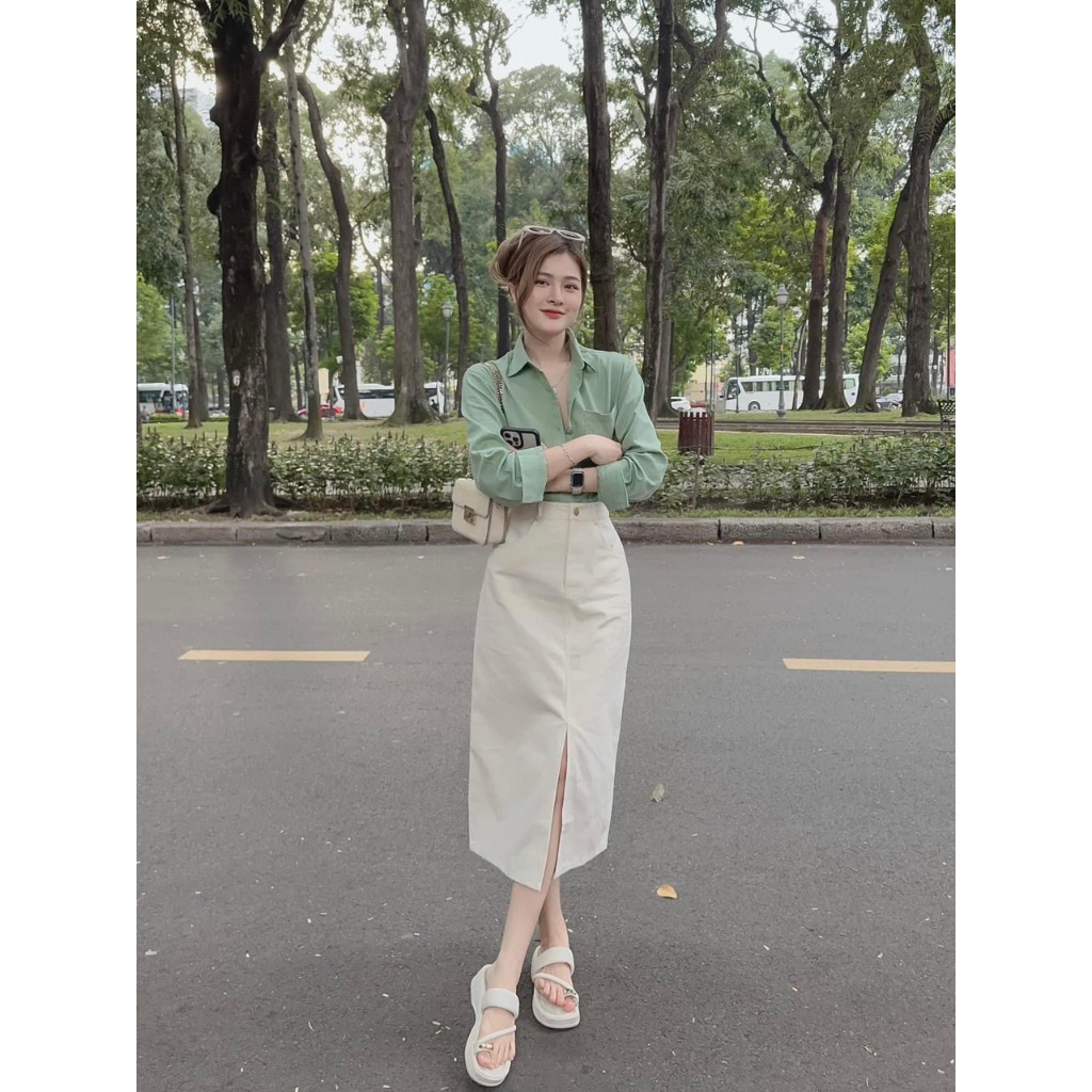 Set váy thời trang nữ, set váy dáng dài xẻ tà giữa, áo sơ mi gài nút trơn màu siêu xinh cho nàng dạo phố