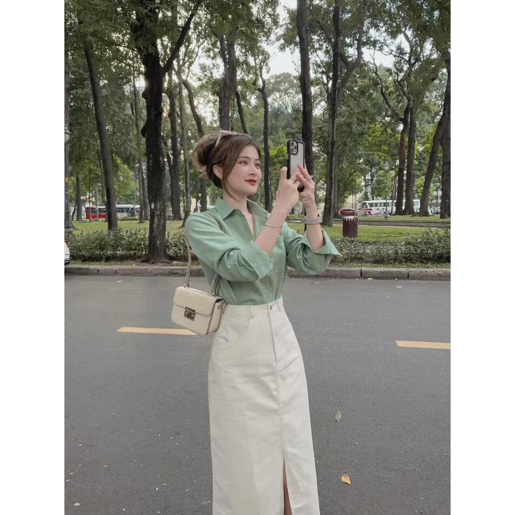 Set váy thời trang nữ, set váy dáng dài xẻ tà giữa, áo sơ mi gài nút trơn màu siêu xinh cho nàng dạo phố