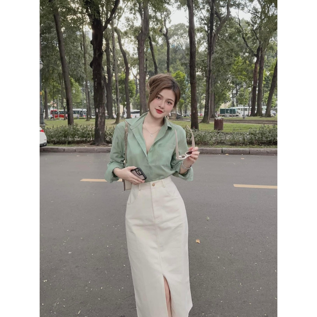 Set váy thời trang nữ, set váy dáng dài xẻ tà giữa, áo sơ mi gài nút trơn màu siêu xinh cho nàng dạo phố