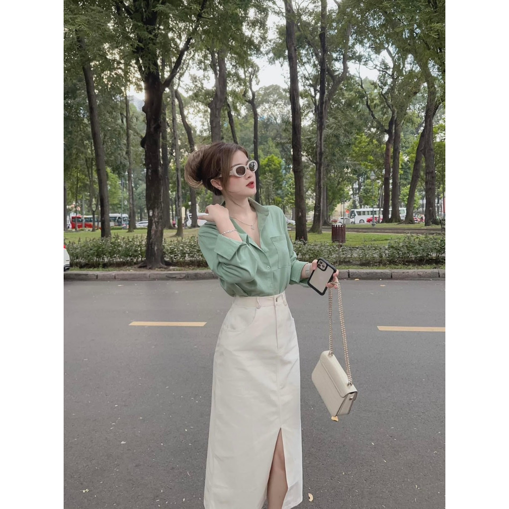 Set váy thời trang nữ, set váy dáng dài xẻ tà giữa, áo sơ mi gài nút trơn màu siêu xinh cho nàng dạo phố