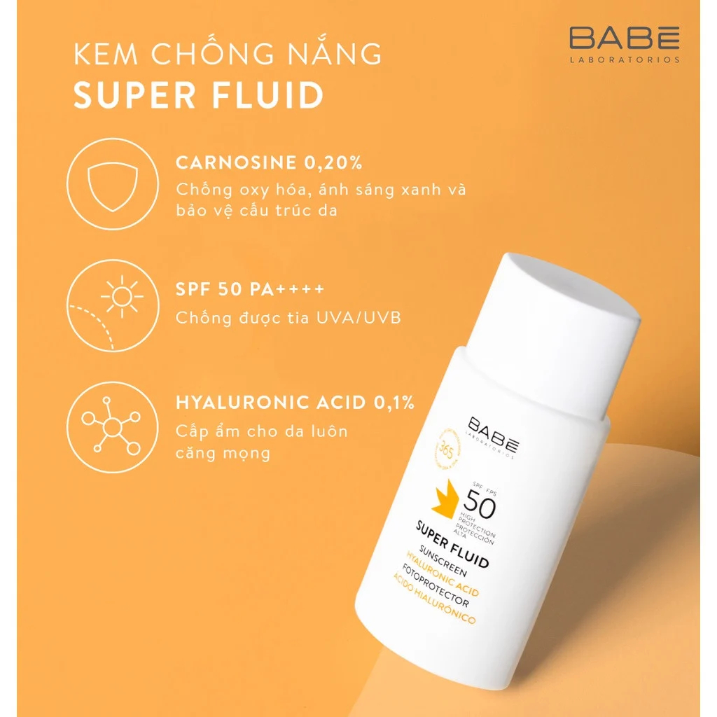 Kem chống nắng BaBe Super Fluid Sunscreen Hyaluronic Acid SPF50 chữ cam