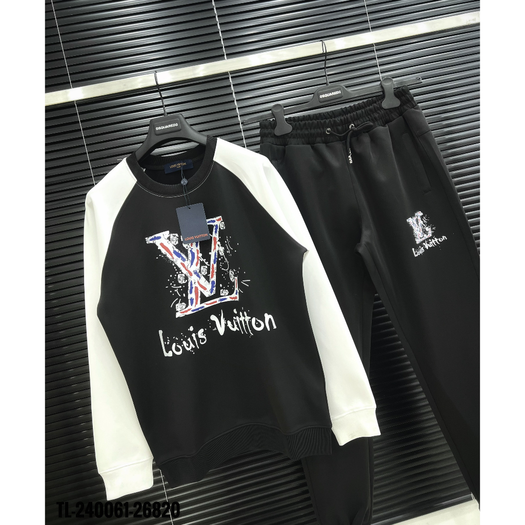 🔥Hot🔥Bộ nỉ LV phối 2 màu in chữ thiết kế hot trend Nam nữ Thu Đông 2023