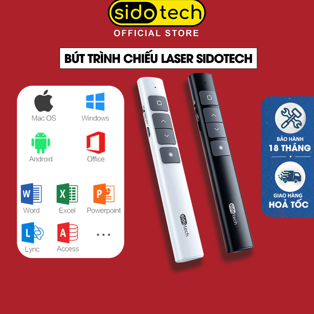 Bút trình chiếu slide powerpoint SIDOTECH laser thuyết trình không dây pin sạc điều khiển từ xa 2 màn hình xa 100m