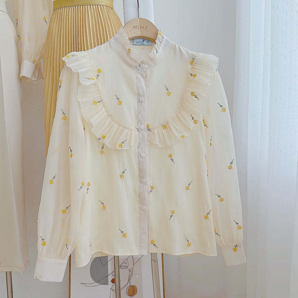 Áo Sơ Mi Viền Bèo MINZ STORE Mã 1209, Họa Tiết Hoa Nhí Phong Cách Dạo Phố