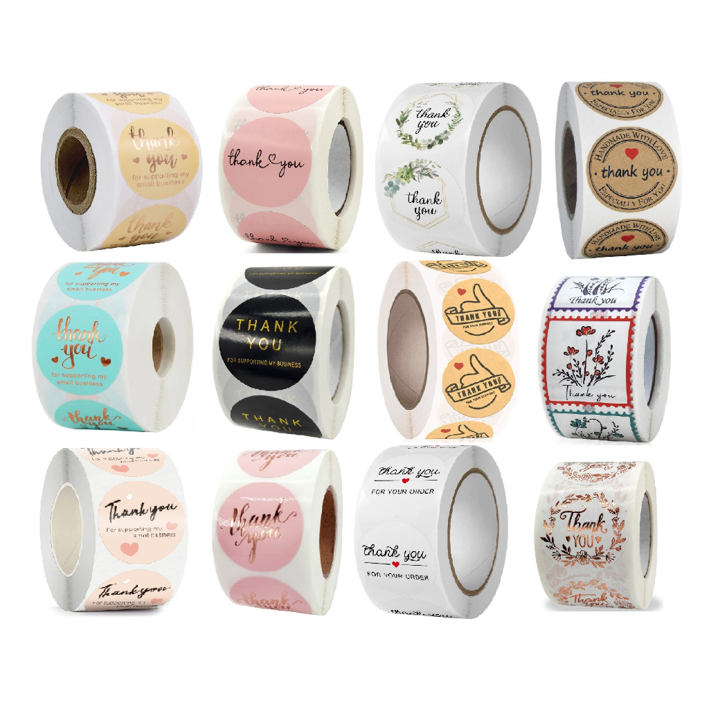 Cuộn 500 nhãn dãn cảm ơn, sticker thank you, tem tròn thank you, tem cảm ơn màu đen sang trọng