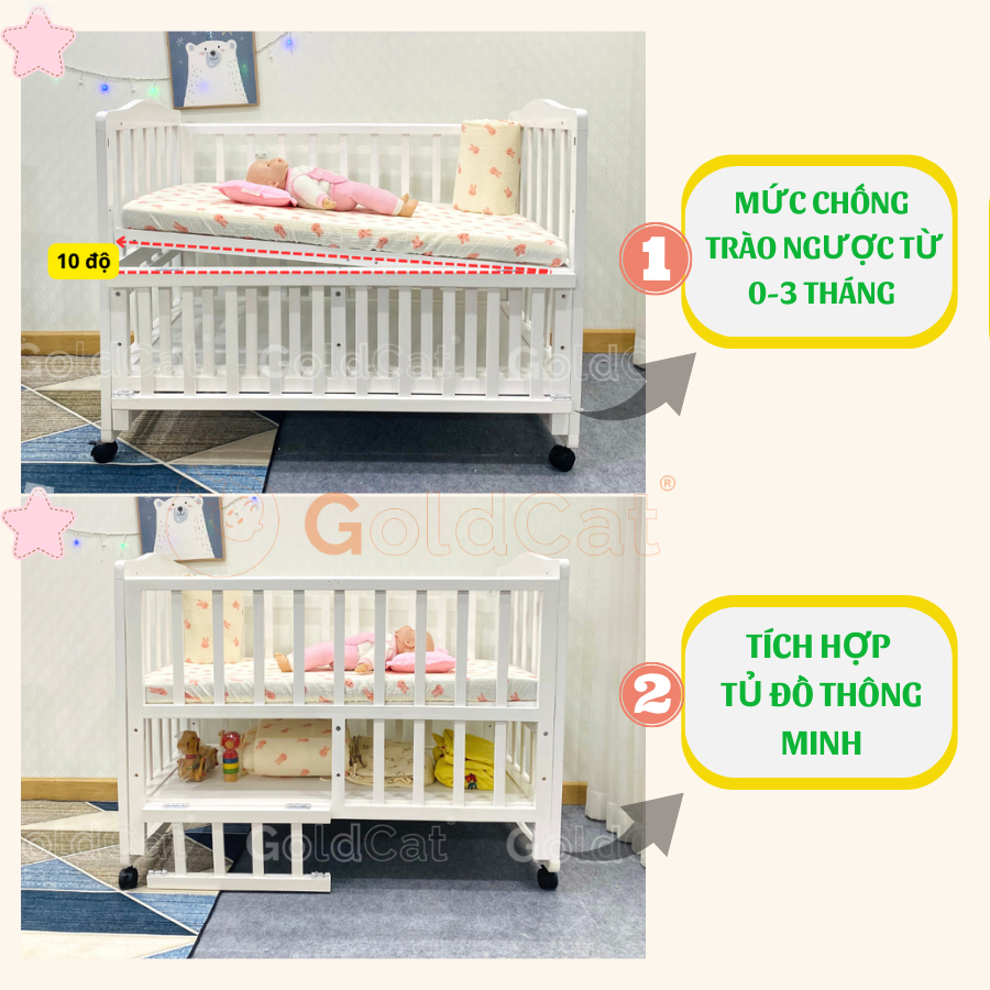 Nôi Cũi Đa Năng 8 Chế Độ GOLDCAT Kéo Dài Thành Giường Cho Trẻ từ 0-10 tuổi, Chất Liệu Gỗ Quế Tự Nhiên, An Toàn Cho Bé