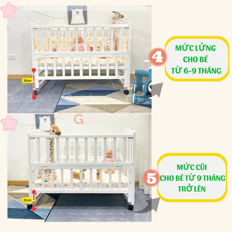 Nôi Cũi Đa Năng 8 Chế Độ GOLDCAT Kéo Dài Thành Giường Cho Trẻ từ 0-10 tuổi, Chất Liệu Gỗ Quế Tự Nhiên, An Toàn Cho Bé