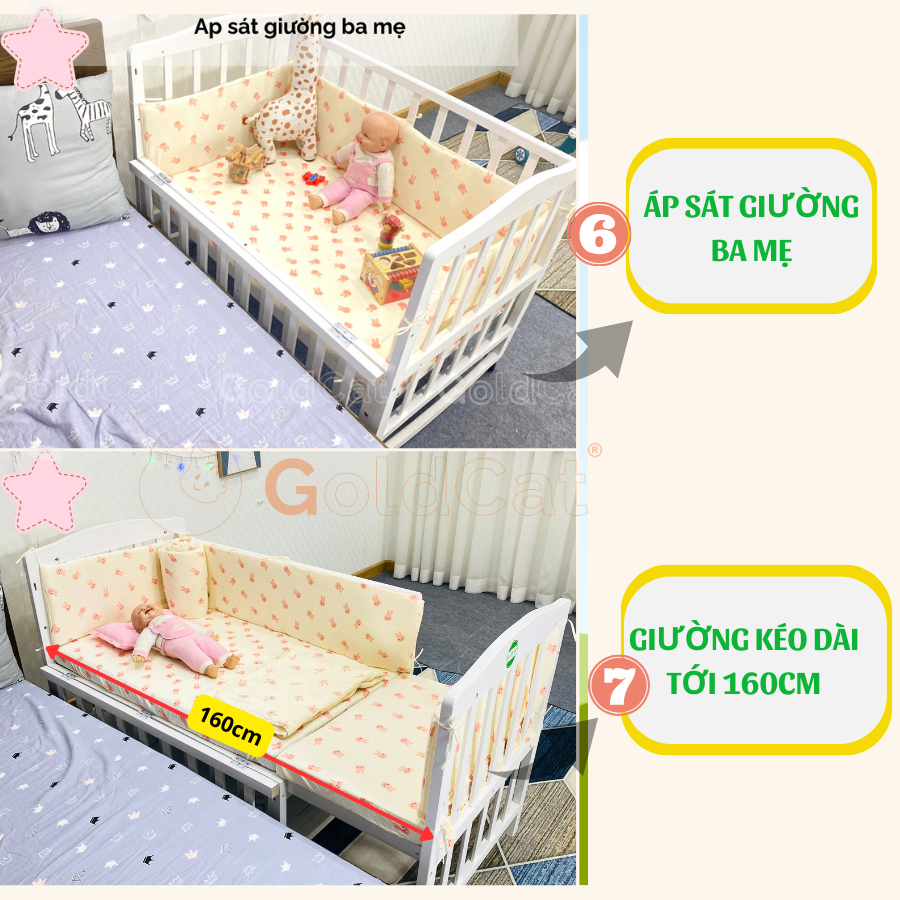 Nôi Cũi Đa Năng 8 Chế Độ GOLDCAT Kéo Dài Thành Giường Cho Trẻ từ 0-10 tuổi, Chất Liệu Gỗ Quế Tự Nhiên, An Toàn Cho Bé