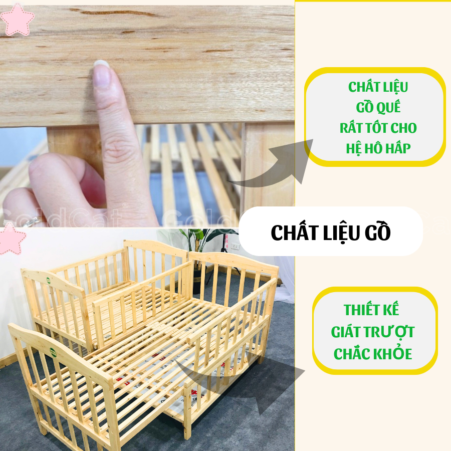 Nôi Cũi Đa Năng 8 Chế Độ GOLDCAT Kéo Dài Thành Giường Cho Trẻ từ 0-10 tuổi, Chất Liệu Gỗ Quế Tự Nhiên, An Toàn Cho Bé