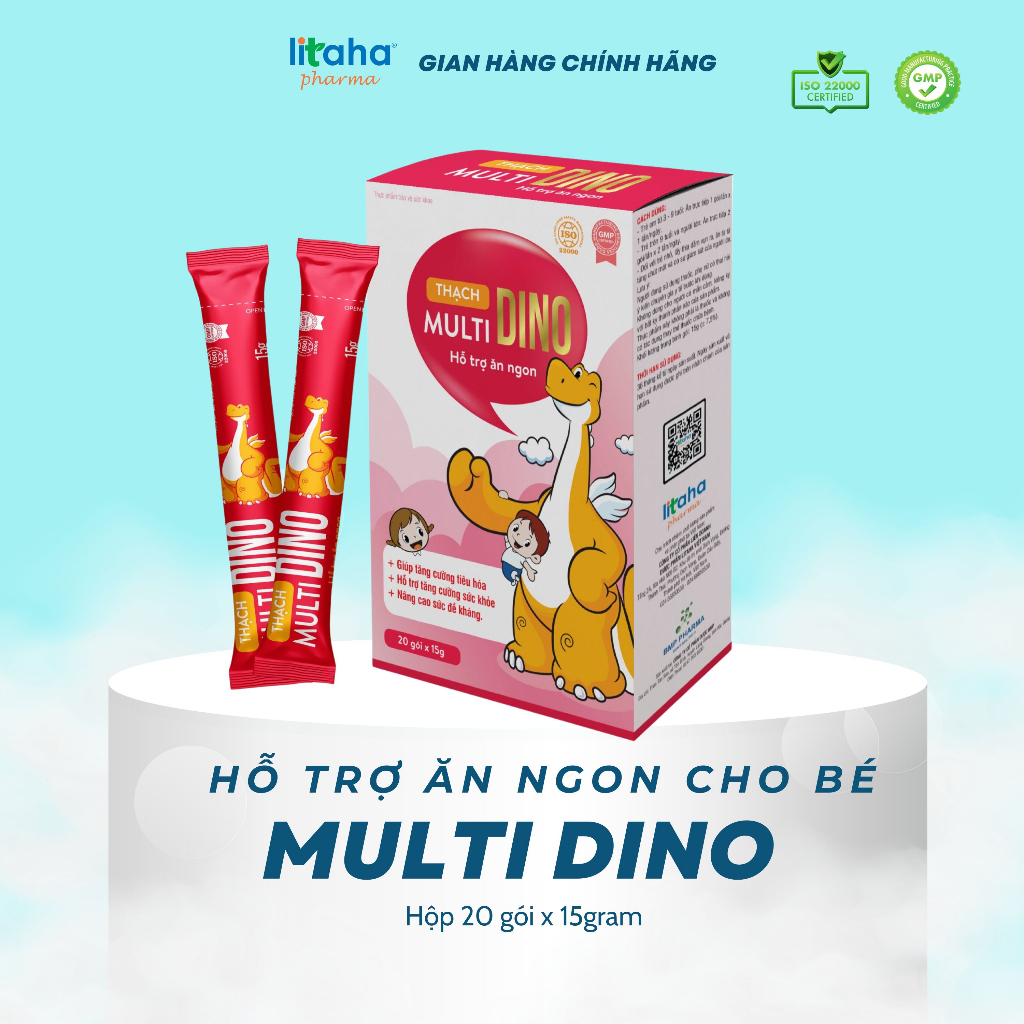 Thạch DINO KIDS Hỗ trợ ăn ngon cho bé BIẾNG ĂN tăng cường tiêu hóa Litaha Pharma 20 gói/Hộp 300g