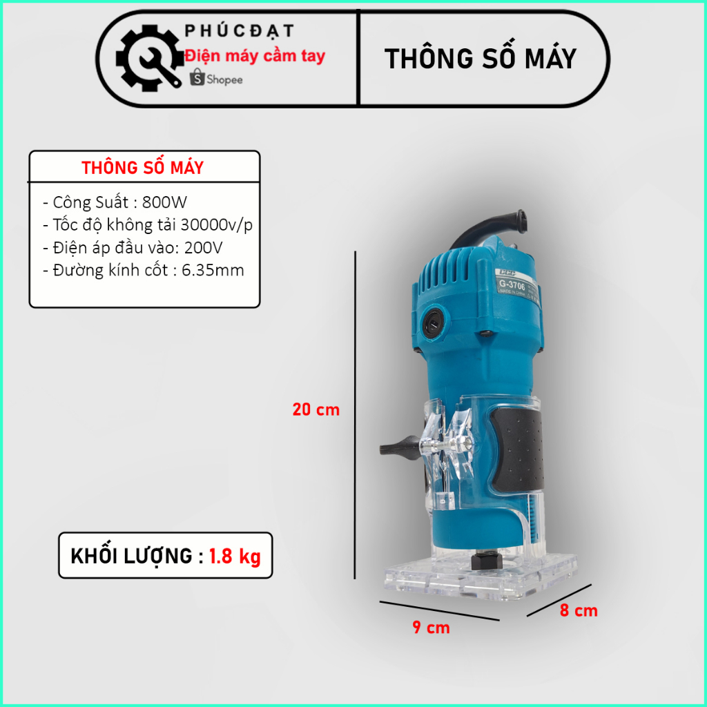Máy soi gỗ 3706, Máy phay, máy soi gỗ cầm tay,soi alu cầm tay mũi 1/4, công suất cao 800w