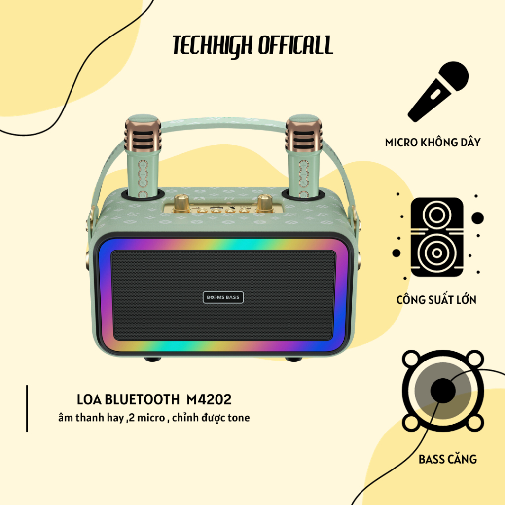 Loa bluetooth karaoke M4202 kèm 2 micro không dây xách tay công xuất 20W, âm thanh trầm ấm, bass căng- TECHHIGH OFFICALL